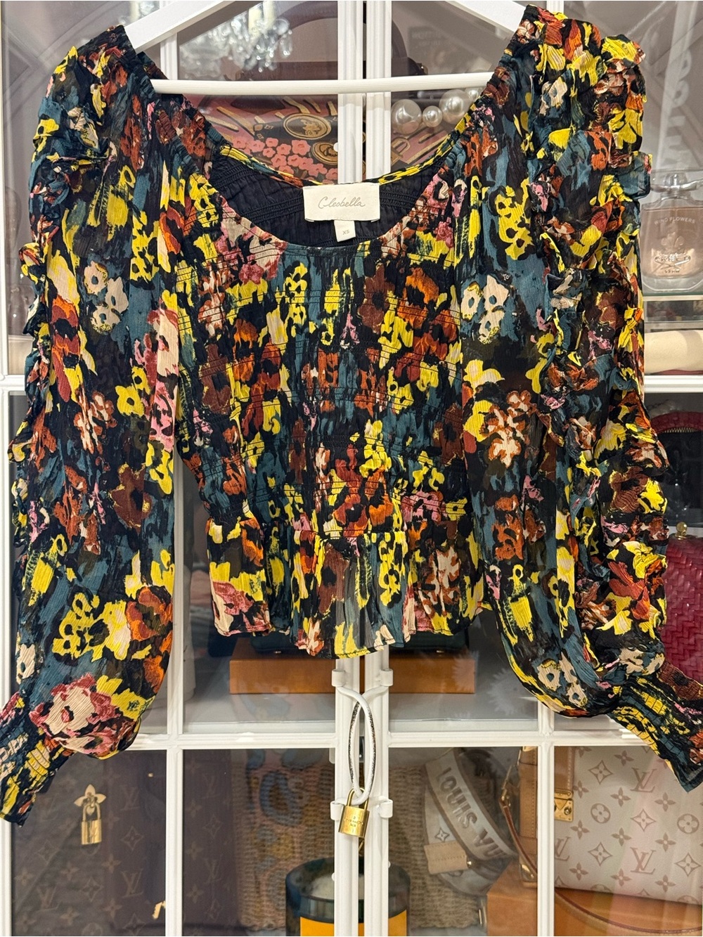 Cleobella Black Floral Smocked Puff-Sleeve Crop Blouse